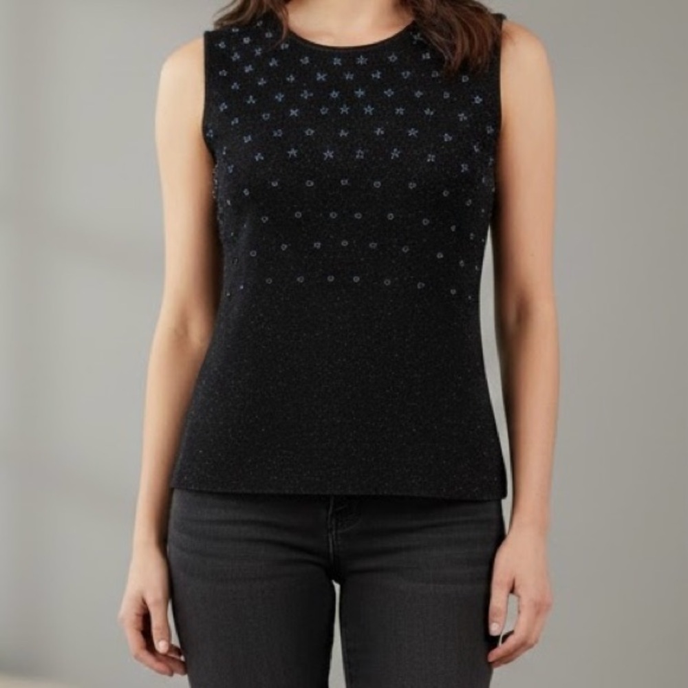 JESSICA Black Shimmer Knit Tank Top Flower Star Beaded Sleeveless Embroidered